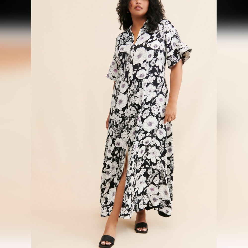 Anthropologie Black Floral Maxi Dress with White and Light Purple Flowers